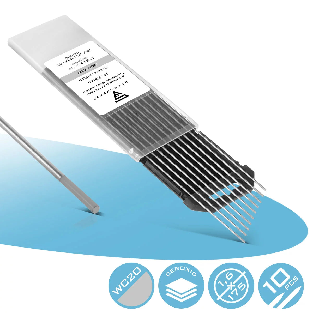 STAHLWERK Wolframelektroden / Schweißelektroden WC20 grau 1,6 x 175 mm im praktischen 10er Set