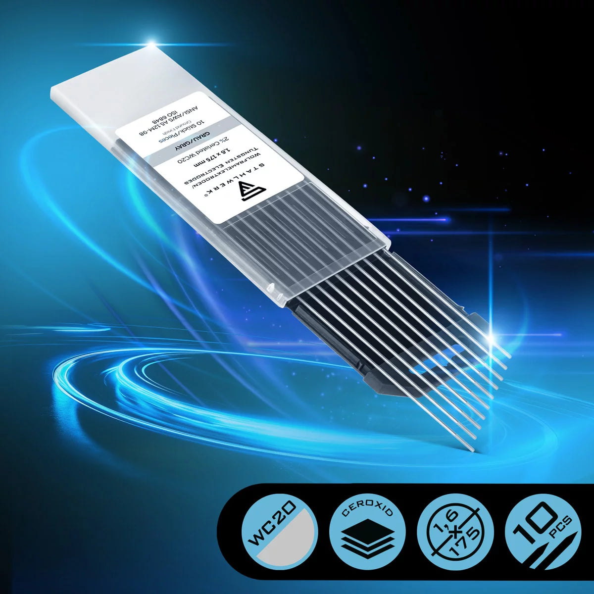 STAHLWERK Wolframelektroden / Schweißelektroden WC20 grau 1,6 x 175 mm im praktischen 10er Set