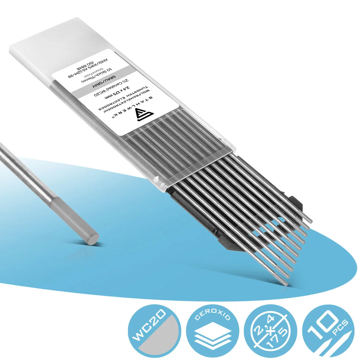 STAHLWERK Wolframelektroden / Schweißelektroden WC20 grau 2,4 x 175 mm im praktischen 10er Set