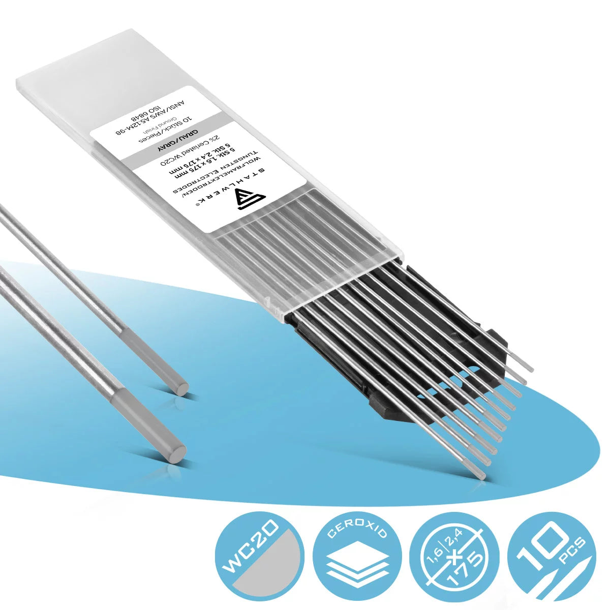 STAHLWERK Wolframelektroden / Schweißelektroden WC20 grau im Set -  5 x 1,6 mm + 5 x 2,4 mm