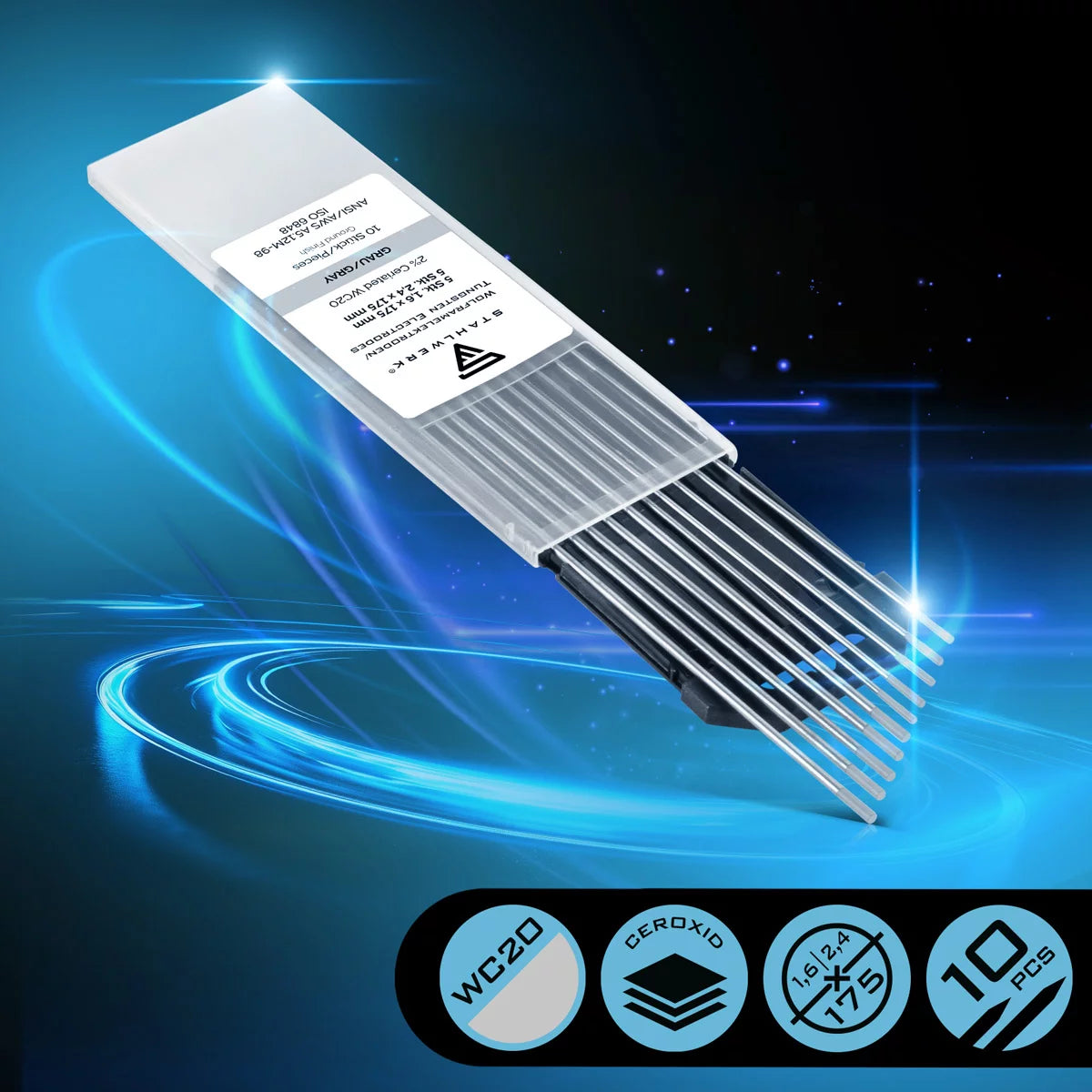 STAHLWERK Wolframelektroden / Schweißelektroden WC20 grau im Set -  5 x 1,6 mm + 5 x 2,4 mm