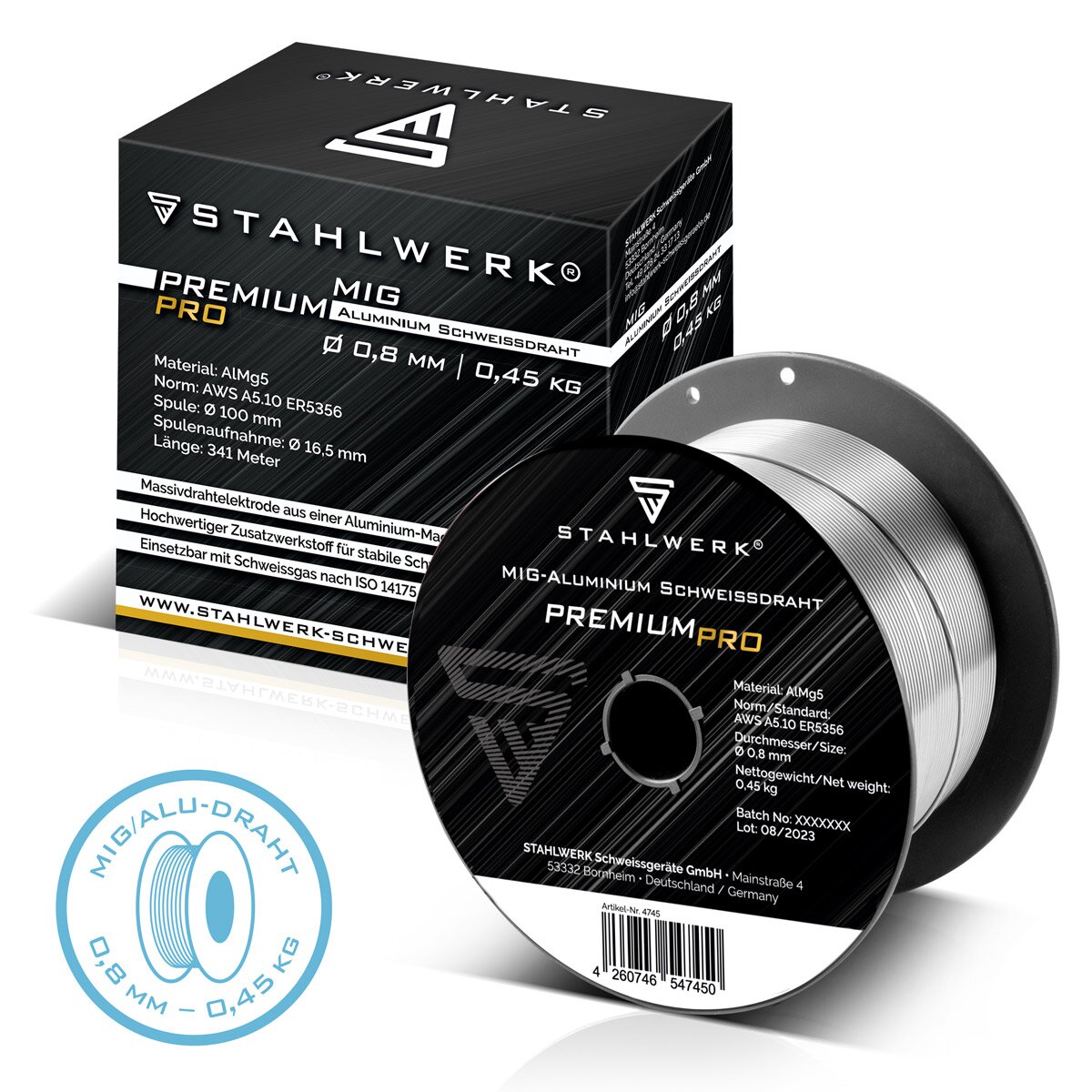 STAHLWERK MIG MAG Aluminium Schweißdraht ER5356 (AlMg5) 0,8 mm 0,45 kg Drahtrolle | Drahtspule | Zusatzwerkstoff | Universal Schweißdraht | Massivdrahtelektrode