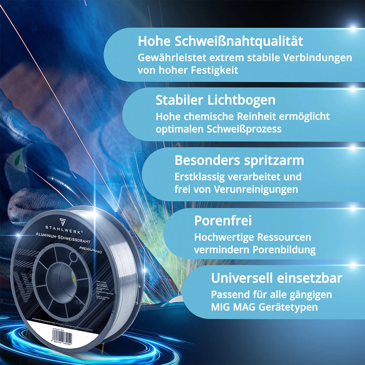 STAHLWERK MIG MAG Aluminium Schweißdraht ER5356 (AlMg5) 1,0 mm 2 kg Drahtrolle | Drahtspule | Zusatzwerkstoff | Universal Schweißdraht | Massivdrahtelektrode