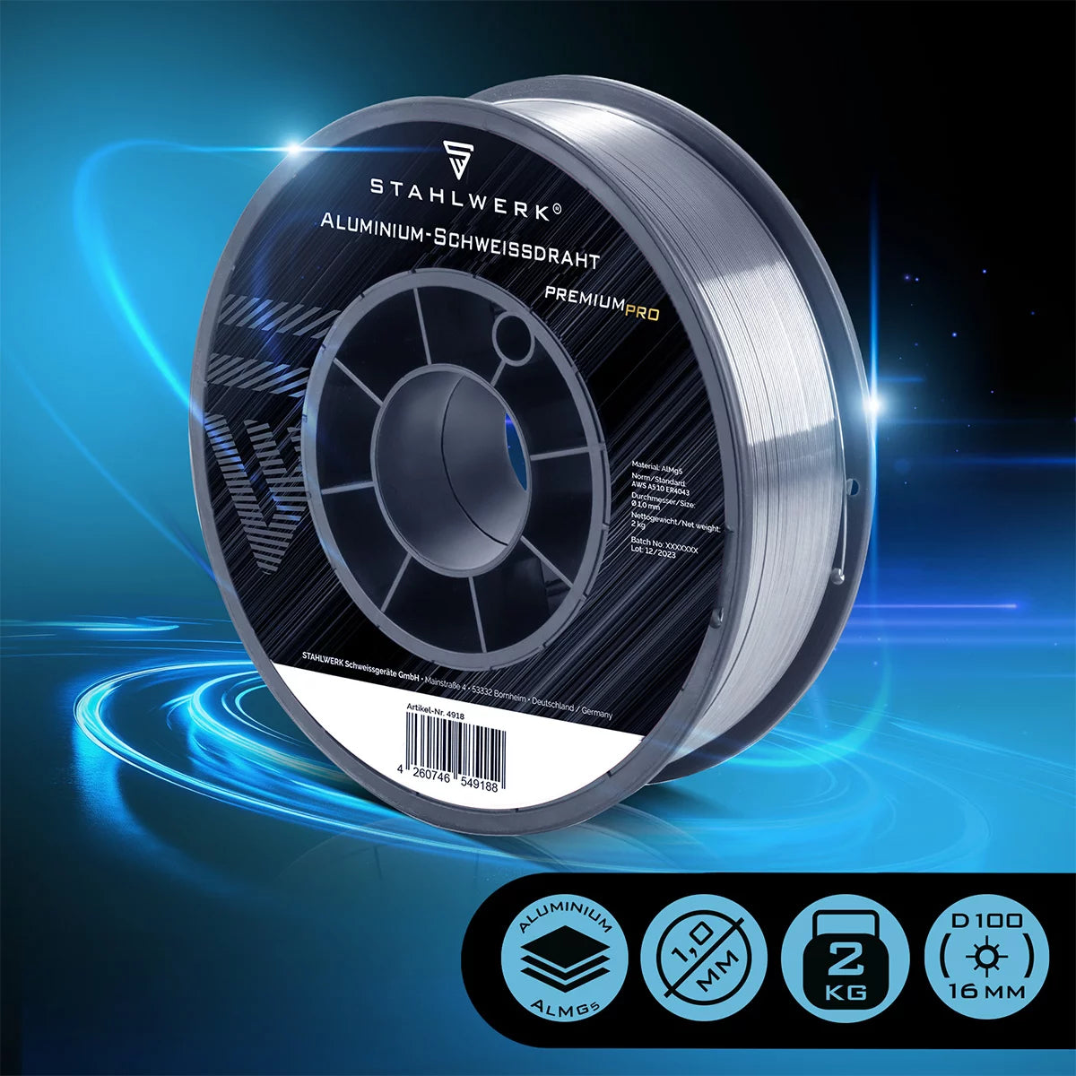 STAHLWERK MIG MAG Filo di saldatura in alluminio ER5356 (ALMG5) 1,0 mm 2 kg rotolo di filo | Wire Coil | Materiale aggiuntivo | Filo del sudore universale | Elettrodo a filo solido