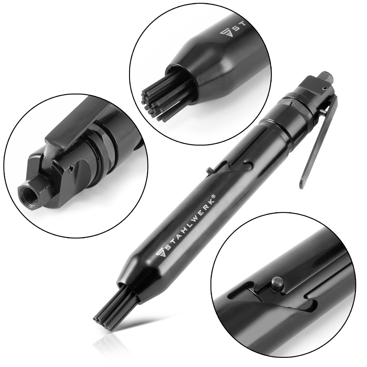 STAHLWERK DNE-600 ST professioneller Druckluft-Nadelentroster in gerader Bauform Trommelhub 14 mm 6.000 Schläge pro Minute für Werkstatt und Industrie