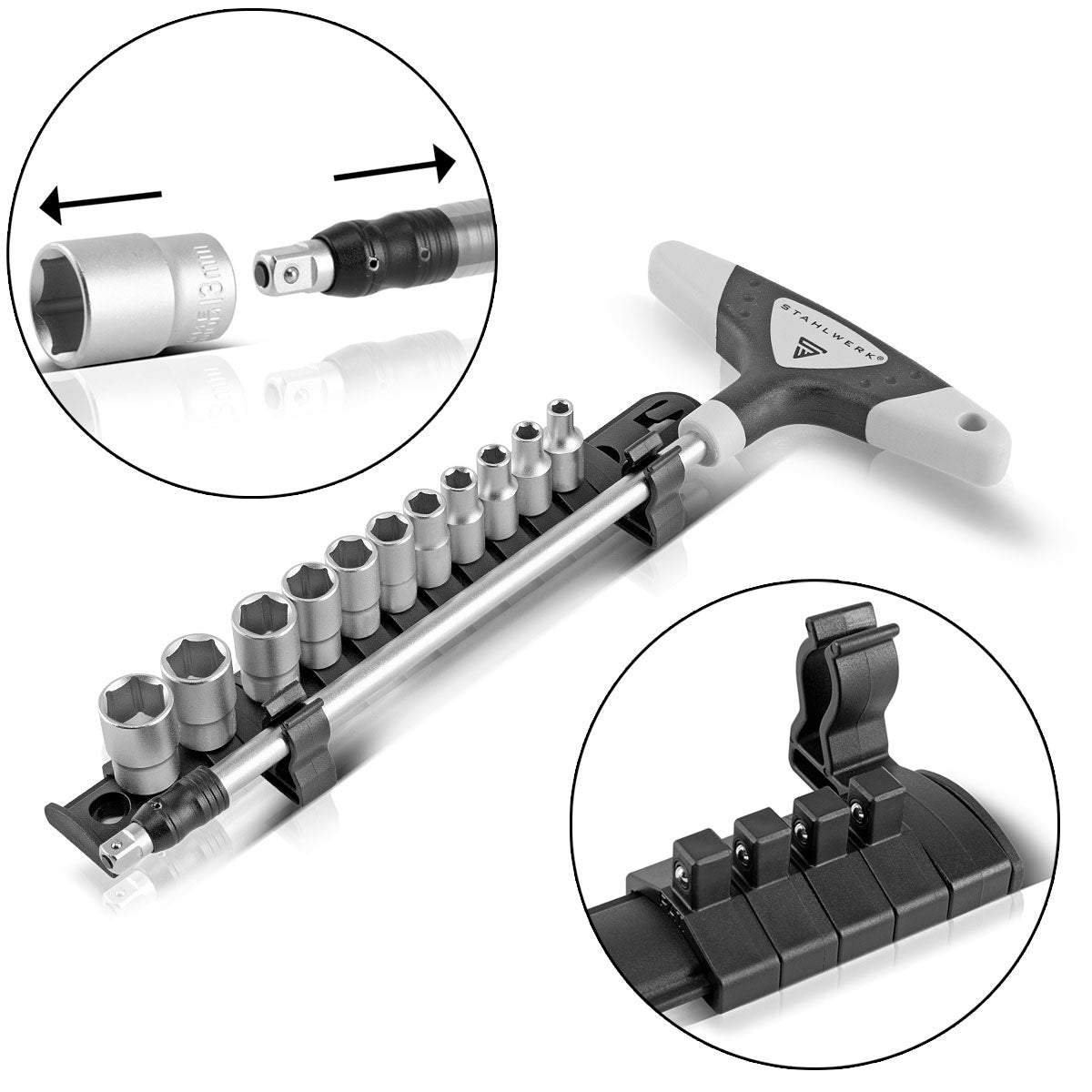 Ensemble de clés à douille professionnelle en 12 parties en acier en acier au vanadium Chrome avec poignée en T, support magnétique et fermeture rapide