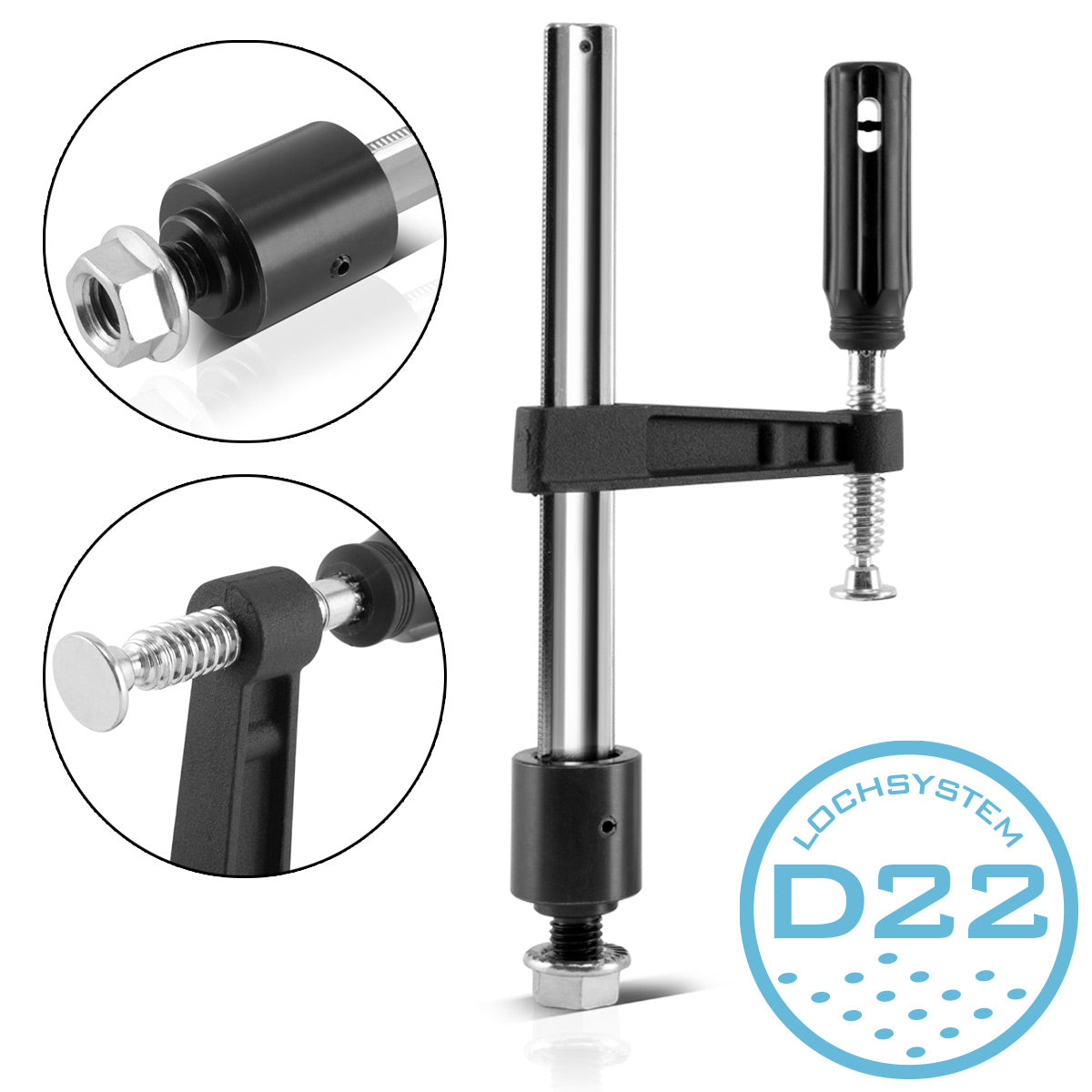 STAHLWERK Spannzwinge / Schraubzwinge 80 x 200 mm mit Fixierbolzen, Anschlag und Sicherungsschraube für Schweißtische mit D 22 mm Lochsystem