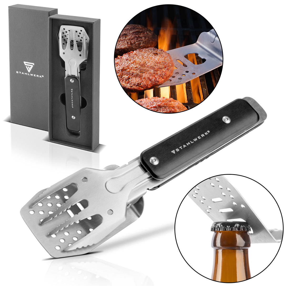 STAHLWERK BBQ Multitool 4 in 1 Edelstahl Grillbesteck mit Grillzange, Grillgabel, Grillwender und Flaschenöffner