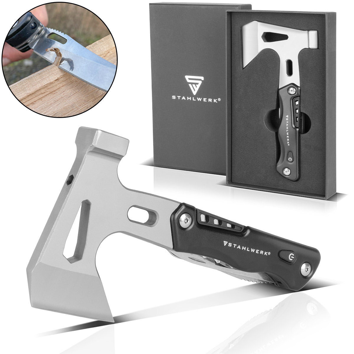 STAHLWERK Multitool / Multifunktionswerkzeug / Hammer Axt / Survival Kit mit Taschenmesser LED Taschenlampe Schraubendreher Set