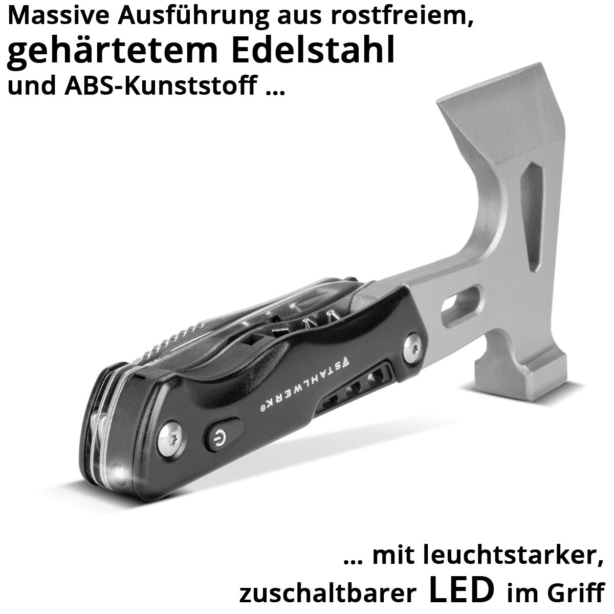 STAHLWERK Multitool / Multifunktionswerkzeug / Hammer Axt / Survival Kit mit Taschenmesser LED Taschenlampe Schraubendreher Set