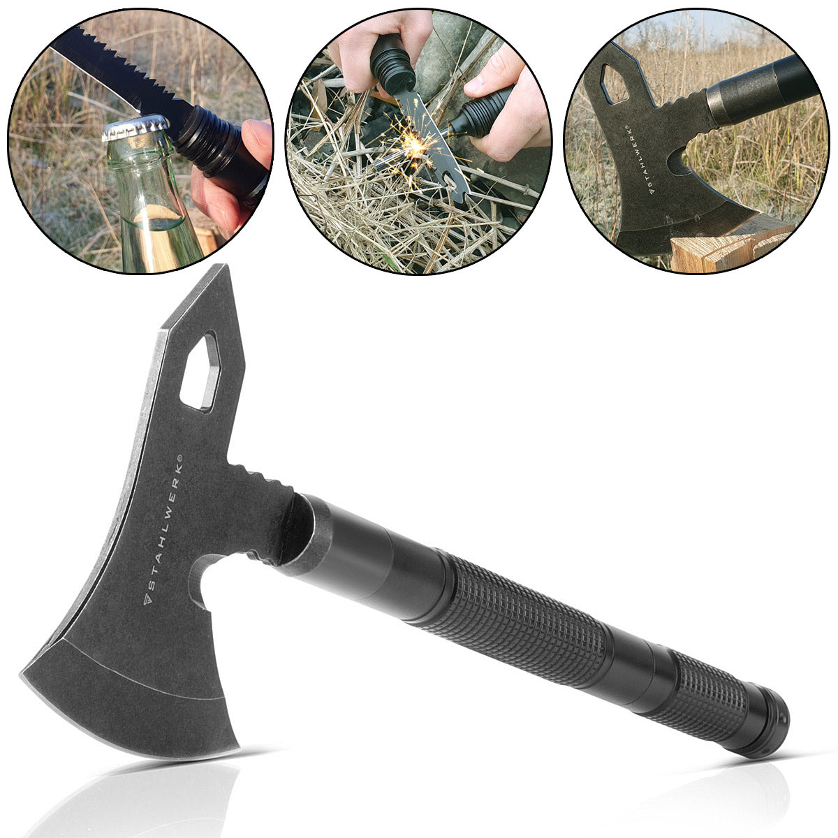Multiherramienta STAHLWERK / herramienta multifuncional / kit de supervivencia para exteriores con hacha, cuchillo multifuncional, sierra, martillo de emergencia y silbato de señalización con acero contra incendios