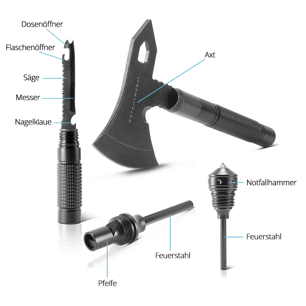 Multiherramienta STAHLWERK / herramienta multifuncional / kit de supervivencia para exteriores con hacha, cuchillo multifuncional, sierra, martillo de emergencia y silbato de señalización con acero contra incendios