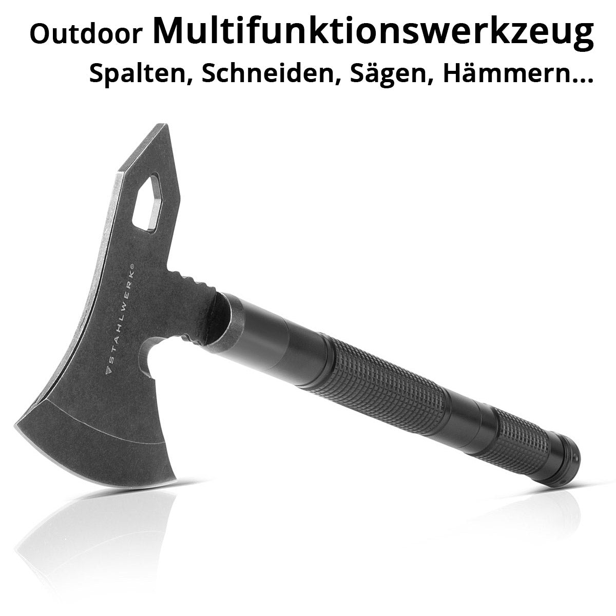 Multiherramienta STAHLWERK / herramienta multifuncional / kit de supervivencia para exteriores con hacha, cuchillo multifuncional, sierra, martillo de emergencia y silbato de señalización con acero contra incendios