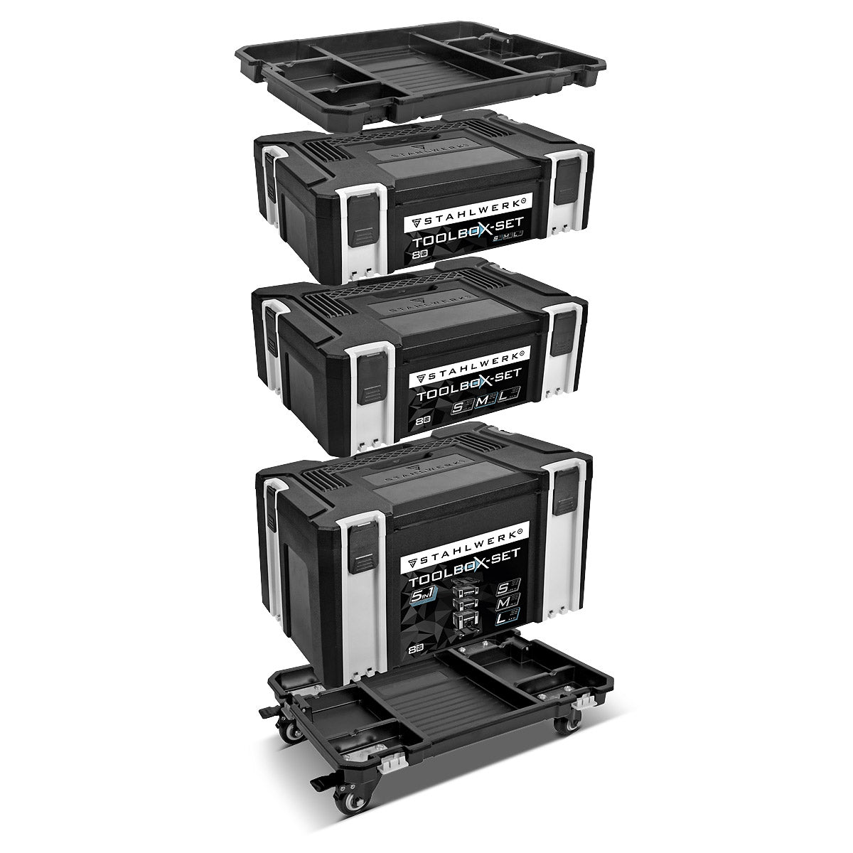 STAHLWERK Universal Toolbox Set / Werkzeugkiste / Werkzeugkoffer, stapelbares 5 in 1 Modul-System aus hochbelastbarem ABS-Kunststoff mit Tragegriff und gummierten Lenkrollen
