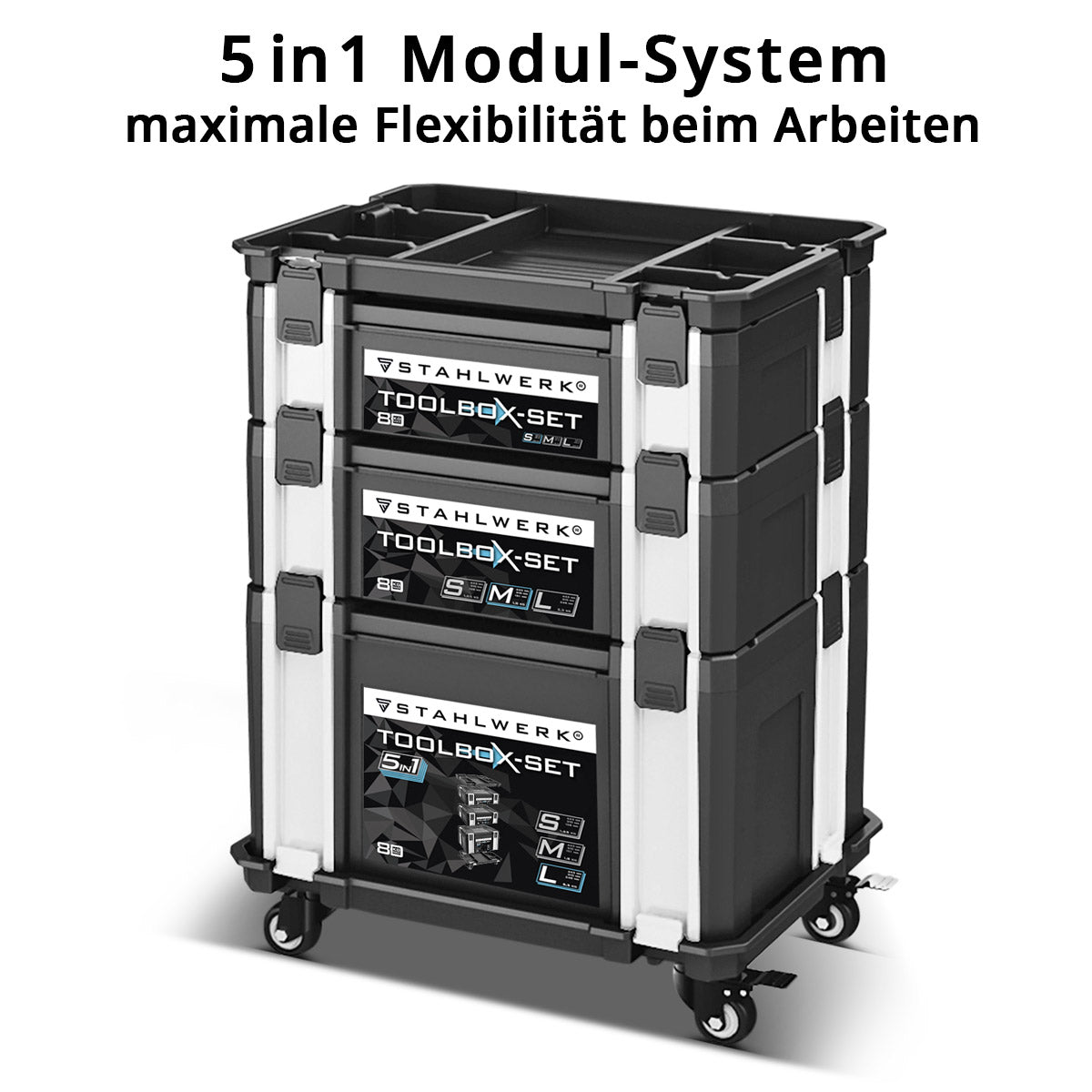 STAHLWERK Universal Toolbox Set / Werkzeugkiste / Werkzeugkoffer, stapelbares 5 in 1 Modul-System aus hochbelastbarem ABS-Kunststoff mit Tragegriff und gummierten Lenkrollen