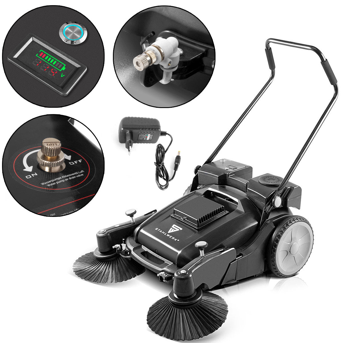 STAHLWERK Kehrmaschine SLW-55 ST mit 1000 mm Kehrbreite, 55 l Fassungsvermögen und 5 l Wassertank für Trocken- und Nassreinigung, Handkehrmaschine / Feucht-Bodenkehrmaschine mit doppeltem Bürstenkopf