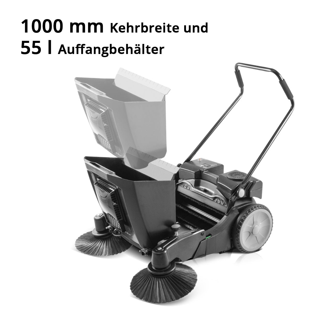 STAHLWERK Kehrmaschine SLW-55 ST mit 1000 mm Kehrbreite, 55 l Fassungsvermögen und 5 l Wassertank für Trocken- und Nassreinigung, Handkehrmaschine / Feucht-Bodenkehrmaschine mit doppeltem Bürstenkopf