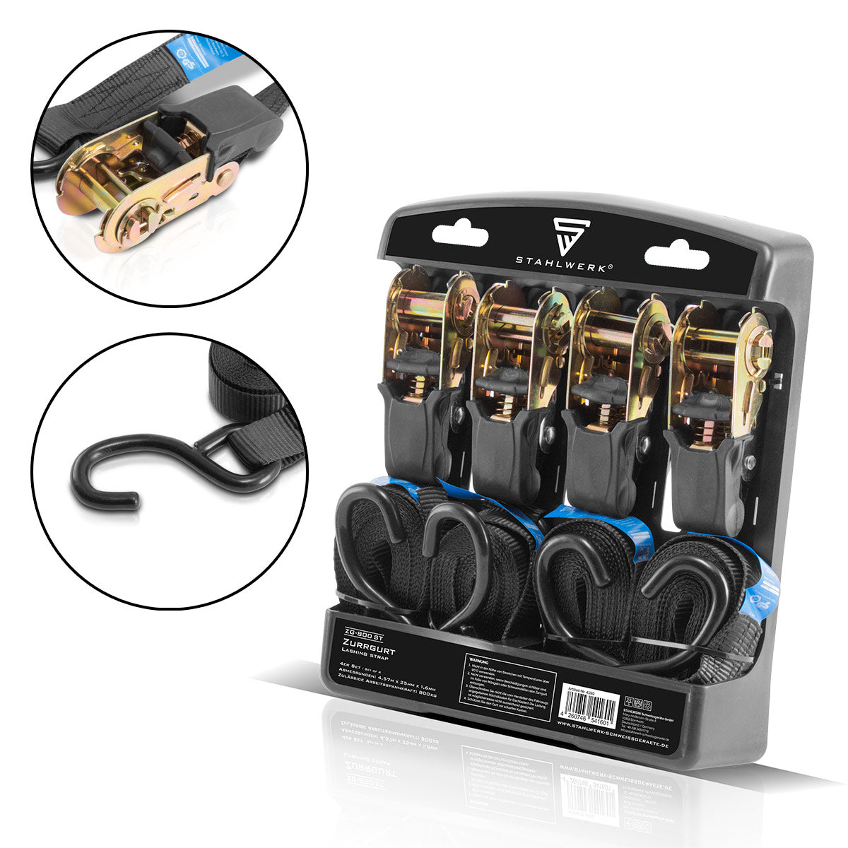 Ceintures de tension en acier avec cliquet + crochet ZG-800 ST 400 kg trains 4 set / ruban de serrage / sangle de lavage / ceinture à cliquet avec une longueur de 4,57 m et une charge de rupture de 680 kg