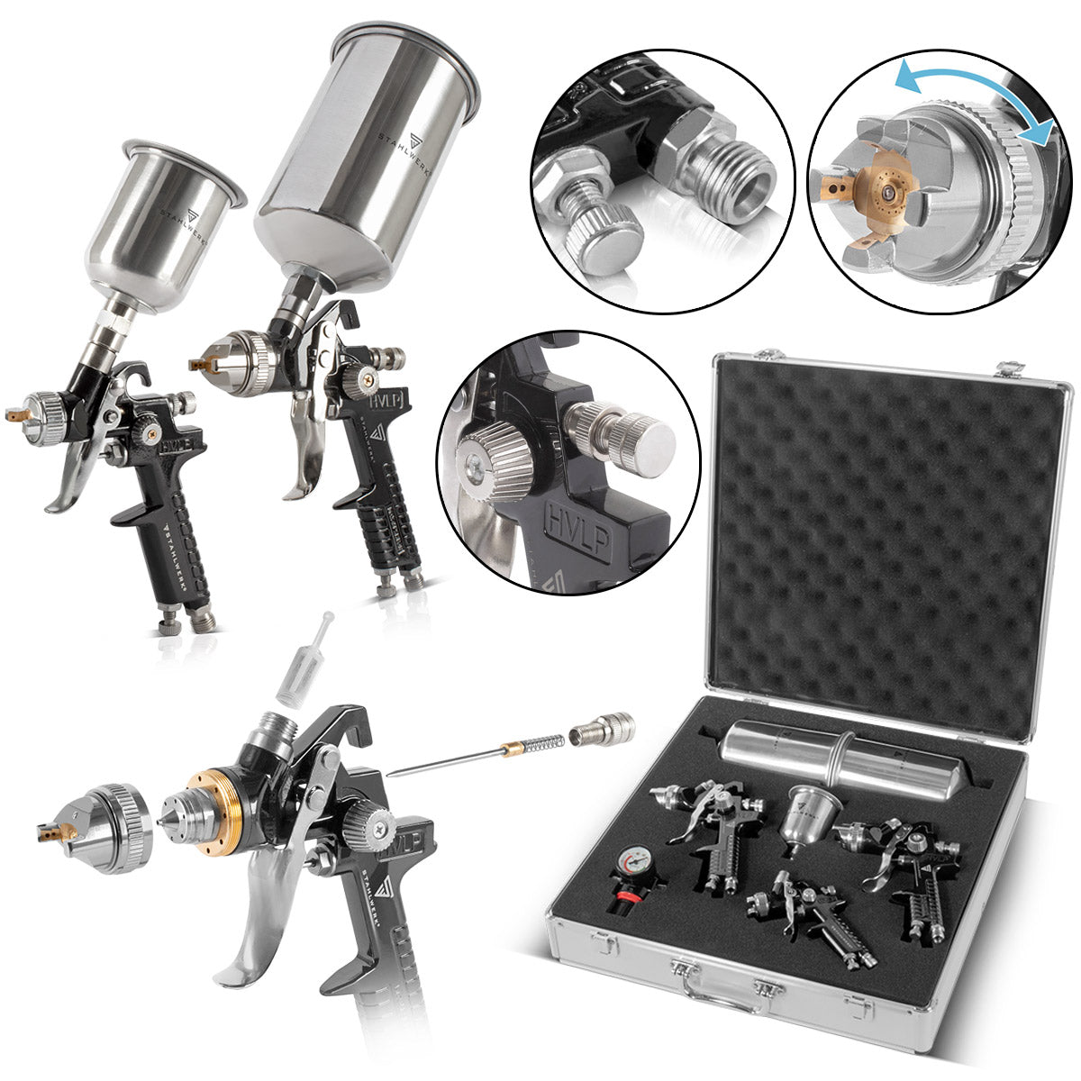 Steelwork HVLP painting pistols Set SGS-1125 ST 21 parts with 3 compressed air paint pistols, 0.8 / 1.4 / 1.7 mm nozzle set, 3 flow cups, air pressure regulator, aluminum case and much more professional painting / spray gun / spray gun / spray gun