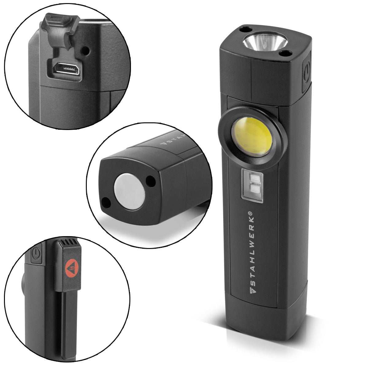 Lámpara de trabajo LED de acero AL-3 ST potente lámpara de linterna / taller de 5 vatios con 4 modos de luz que incluyen luz UV, batería integrada, imán y conexión USB