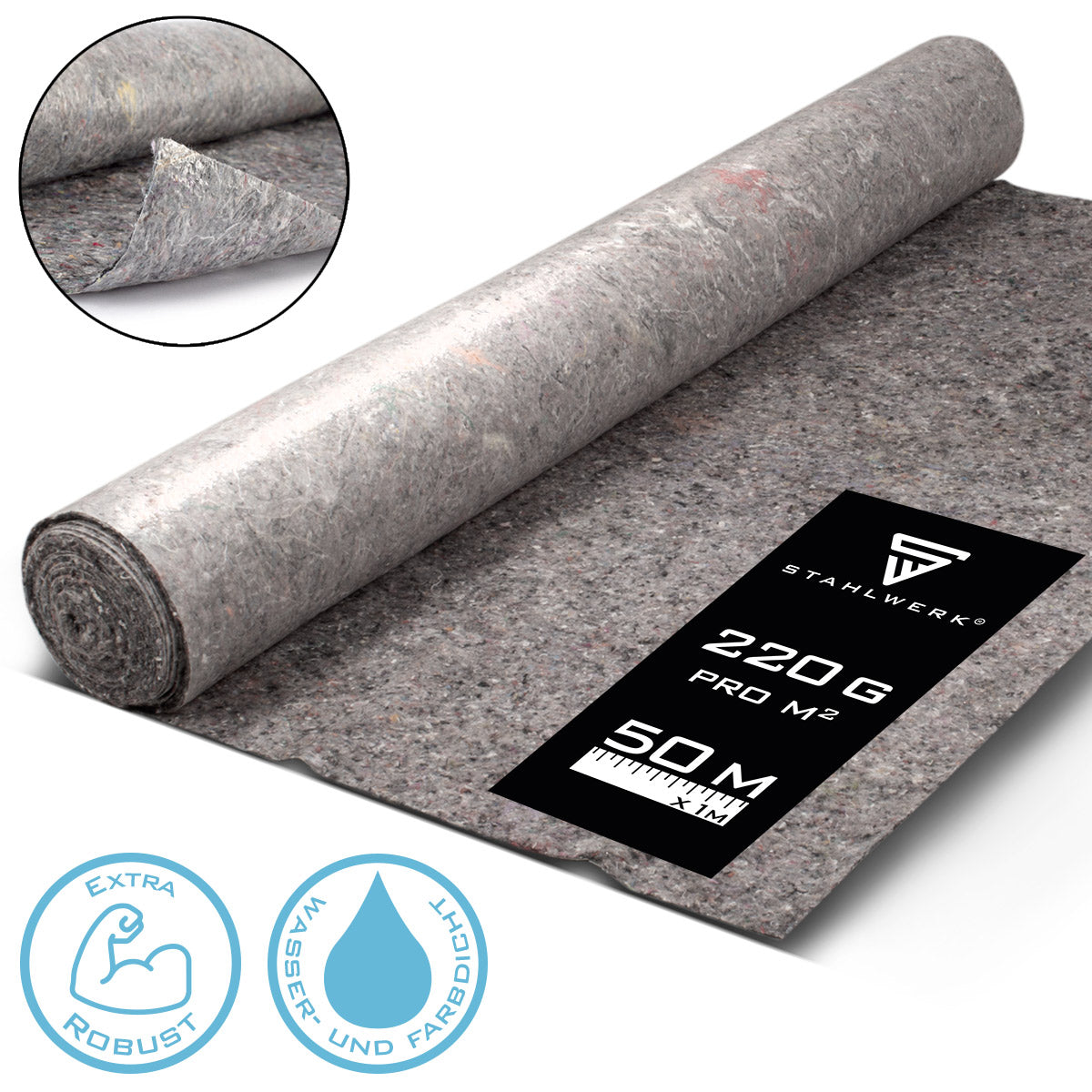 STAHLWERK Abdeckvlies / Malervlies / Schutzvlies mit rutschhemmender Oberfläche, hochbelastbar, saugstark und wiederverwertbar, 50 m 220 g