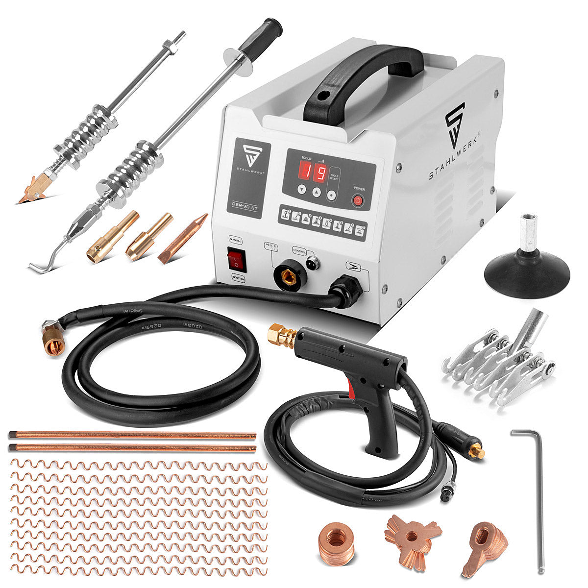 Fecha de acero Spotter CBR-90 ST con 3,000 W y 230 V Smart Repair Ausbeitl-Set / DellenLifter / Point Welding Device / Hool de hutilización / Pistola de soldadura para la reparación profesional del cuerpo del vehículo motorizado