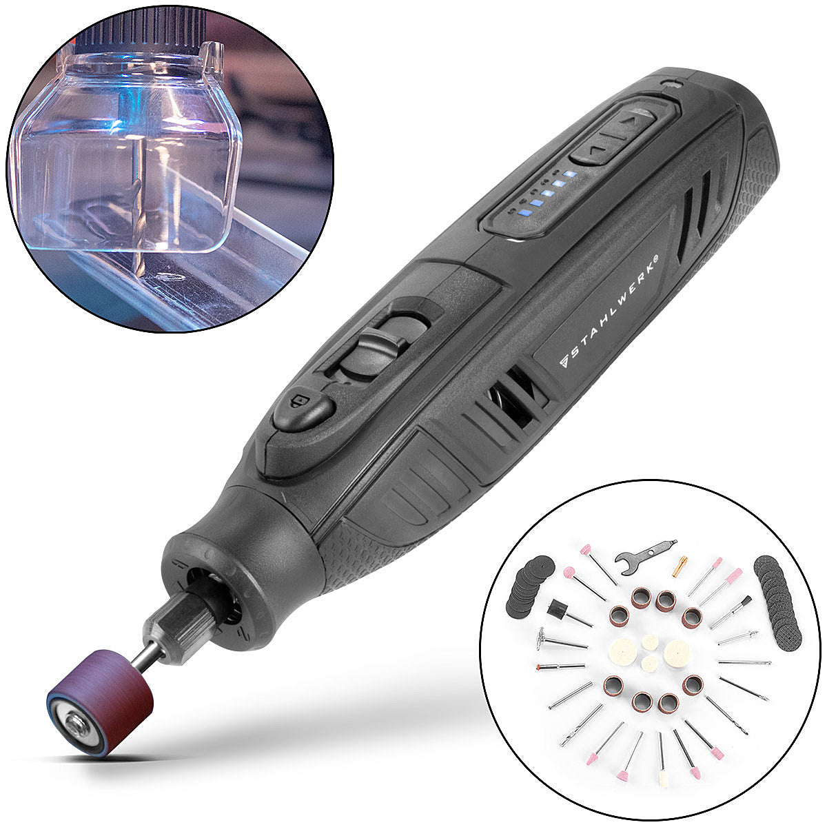 Aciérique Batterie à usure de batterie en acier AMF-80 ST 5 000-25 000 tr / min 2 000 mAh outil multifonctionnel / outil de relâchement / dispositif de broyage / mini avec accessoires de 53 parties et câble de charge USB