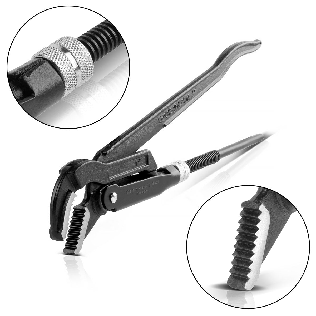 Giratubi STAHLWERK 1" pollici (25 mm) S/45° cromo vanadio 315 mm verniciato a polvere pinza per pompa acqua 4 in 1 con larghezza di serraggio 50 mm, ganasce temprate, percorso curvo e denti sfalsati