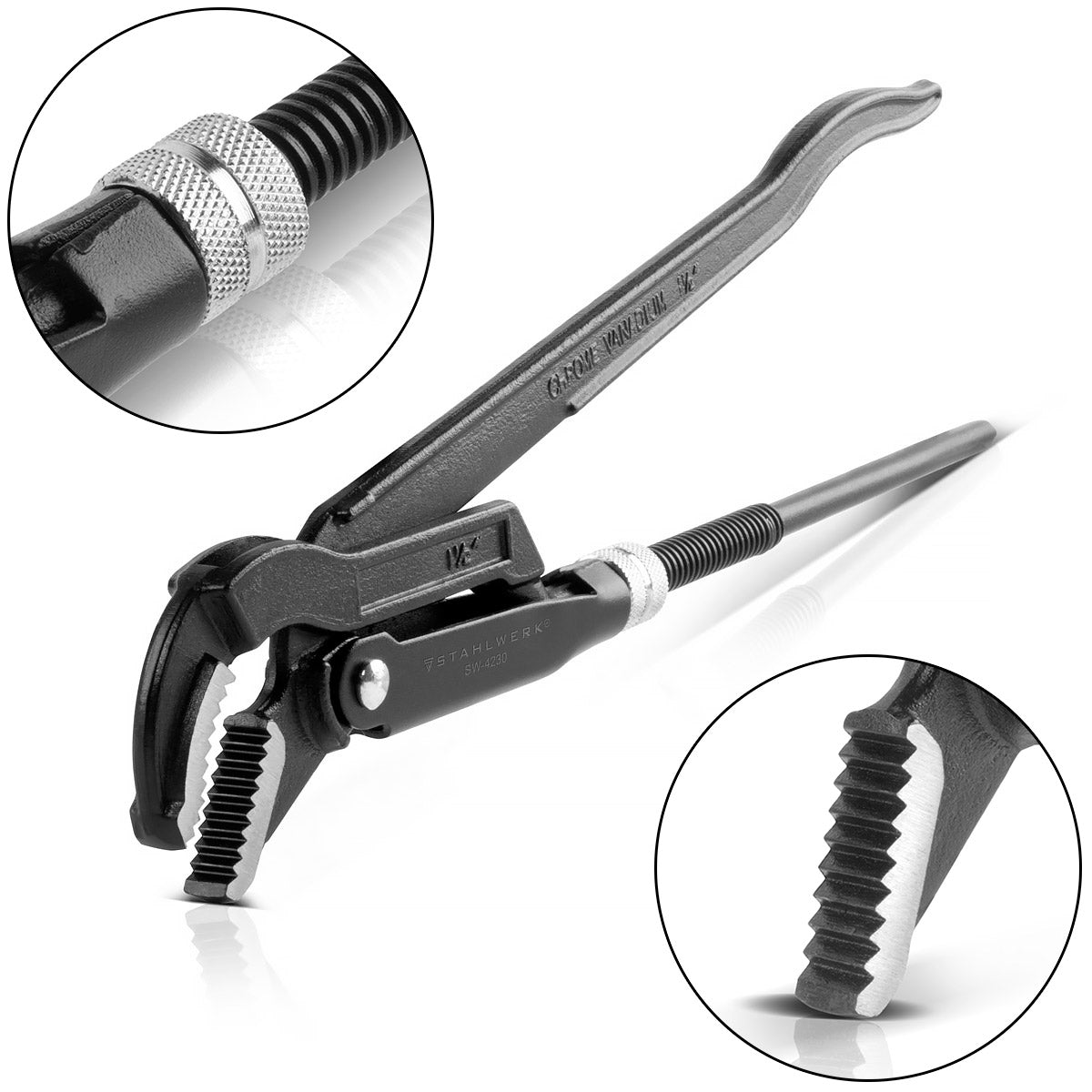 Steel mechanism pipe tongs 1.5 "inch (38 mm) S/45 ° Chrom-vanadium 420 mm powder-coated 4in1 water pump pliers with 60 mm clamping width, hardened cheek, curved course and staggered interlinking