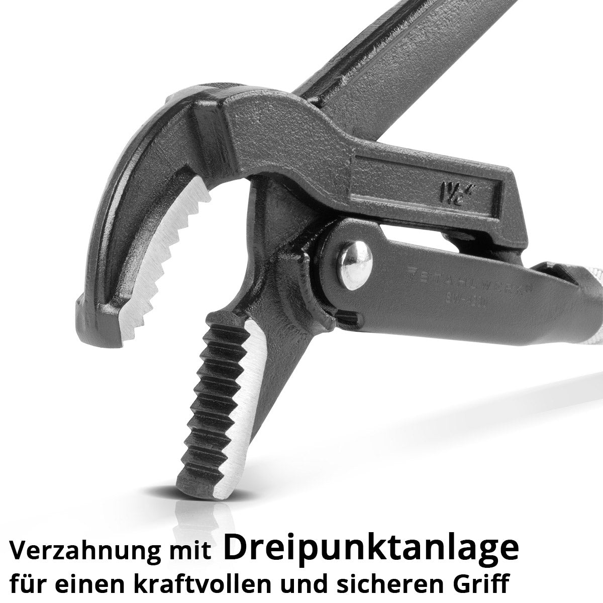 Steel mechanism pipe tongs 1.5 "inch (38 mm) S/45 ° Chrom-vanadium 420 mm powder-coated 4in1 water pump pliers with 60 mm clamping width, hardened cheek, curved course and staggered interlinking