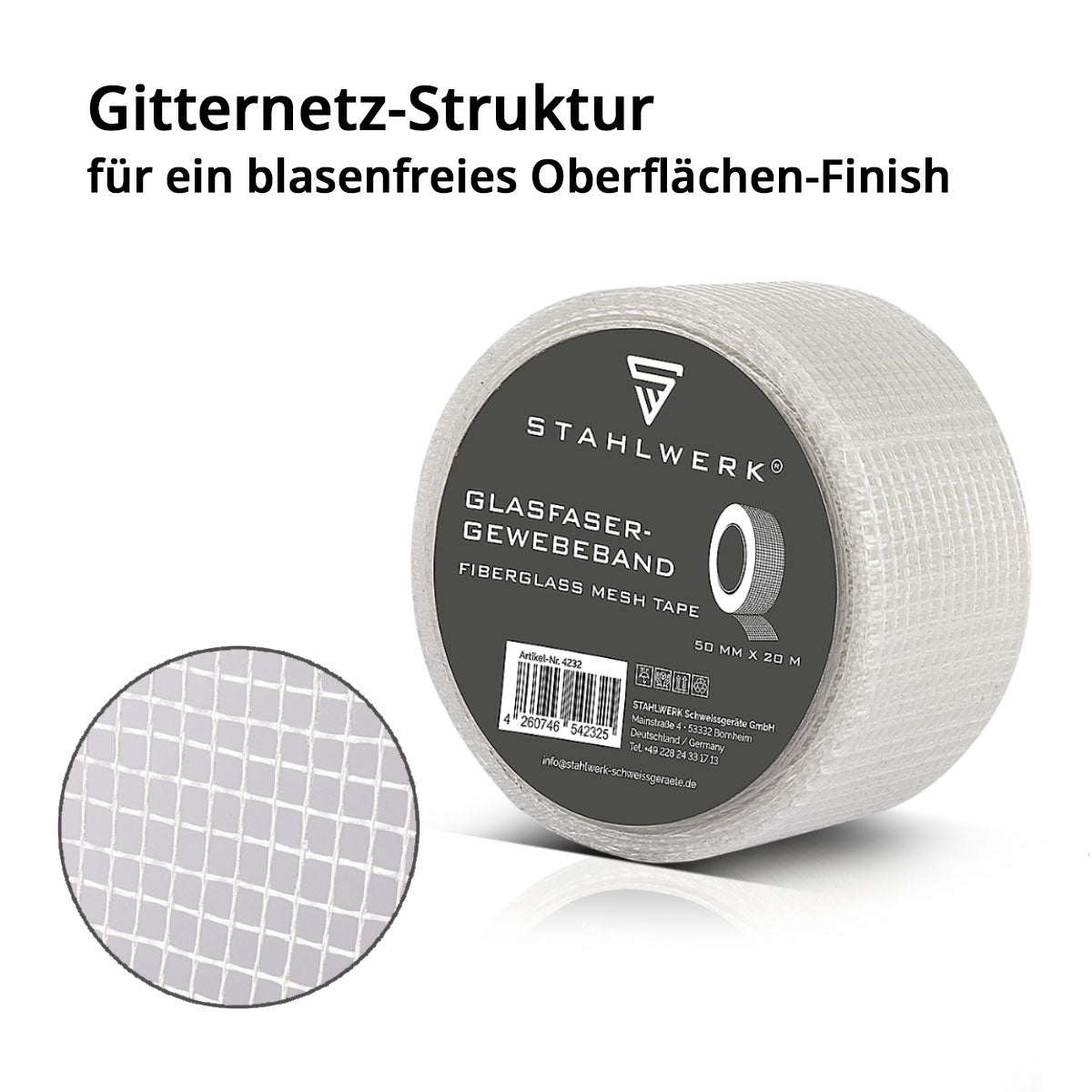 STAHLWERK Glasfaser-Gewebeband 20 m x 50 mm, selbstklebendes Trockenbau Fugenband / Fugendeckstreifen / Bewehrungsstreifen mit Gitternetzstruktur für Spachtelarbeiten
