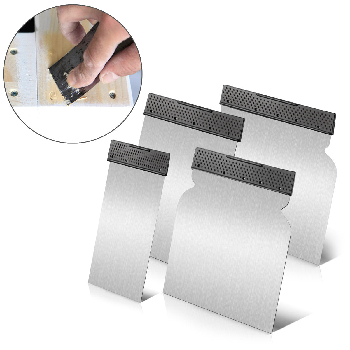 Spatel steelworks set Entipers de 4 piezas 50, 80, 100, 120 mm, relleno de área universal / relleno jap / espátula de pintura con cuchilla elástica y resistente a la rotura hecha de acero de banda de primavera