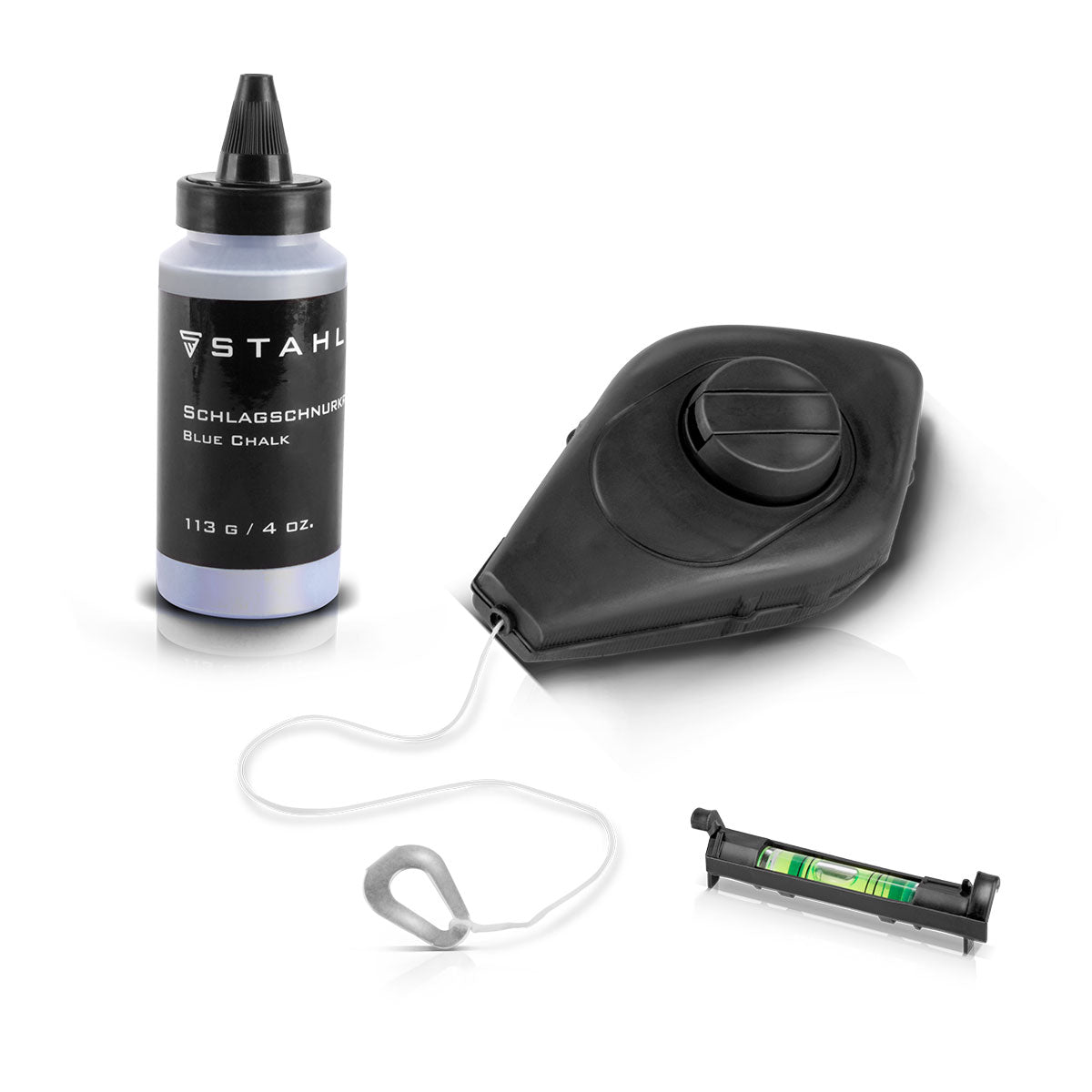 STAHLWERK Schlagschnur Set 15 m bestehend aus Markierungsschnur / Maurerschnur / Schlagschnurgerät mit schlagfestem Gehäuse, Wasserwaage und 113 g Schlagschnurkreide