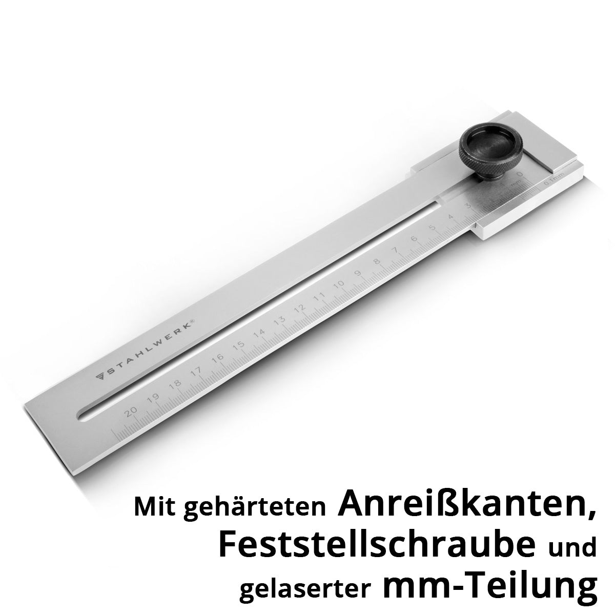 STAHLWERK Streichmaß mit 200 mm Messbereich und 0,1 mm Nonius, Anreißwerkzeug / Markierungslehre / Anreißlineal mit flachem Schieber aus rostfreiem Edelstahl