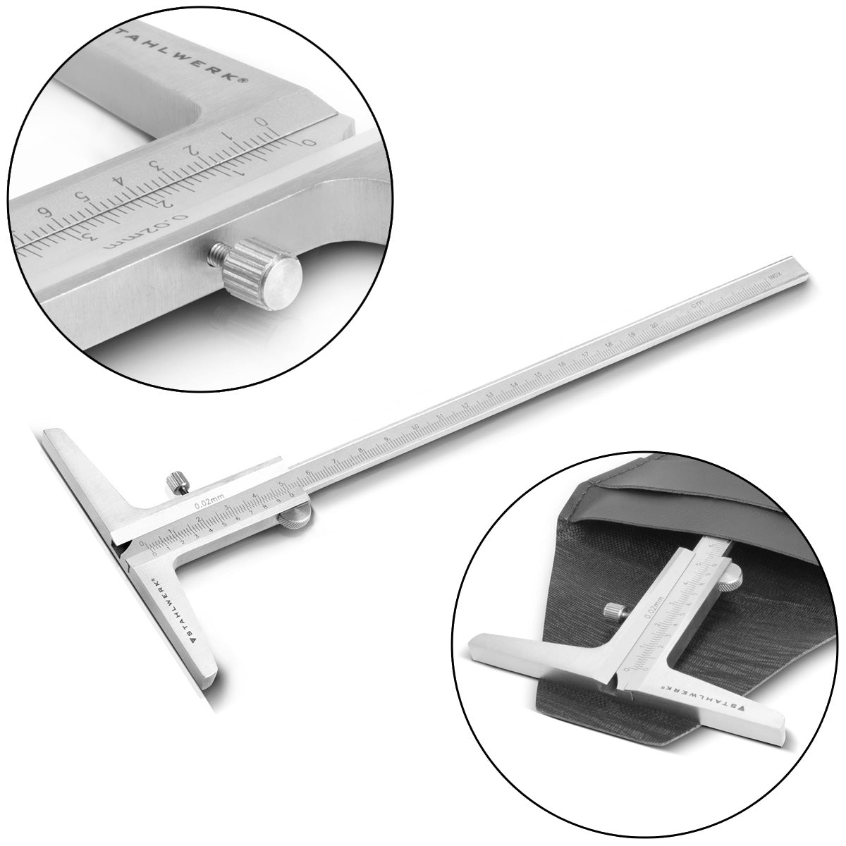 STAHLWERK Tiefenmessschieber 0-200 mm DIN 862 Messschieber / Tiefenlehre / Schieblehre / Messlehre aus rostfreiem Edelstahl mit hochwertigem Kunstleder-Etui