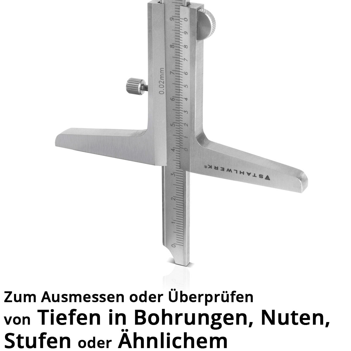STAHLWERK Tiefenmessschieber 0-200 mm DIN 862 Messschieber / Tiefenlehre / Schieblehre / Messlehre aus rostfreiem Edelstahl mit hochwertigem Kunstleder-Etui