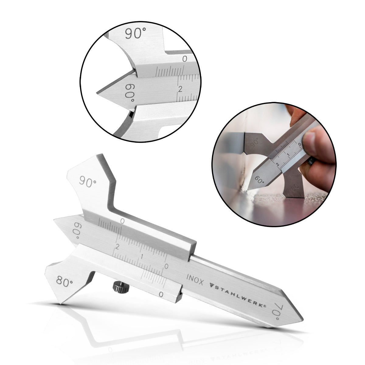 STAHLWERK Schweißnahtlehre 0-20 mm Messlehre für Schweißnähte mit Schieber aus gehärtetem Edelstahl im Kunstleder-Etui