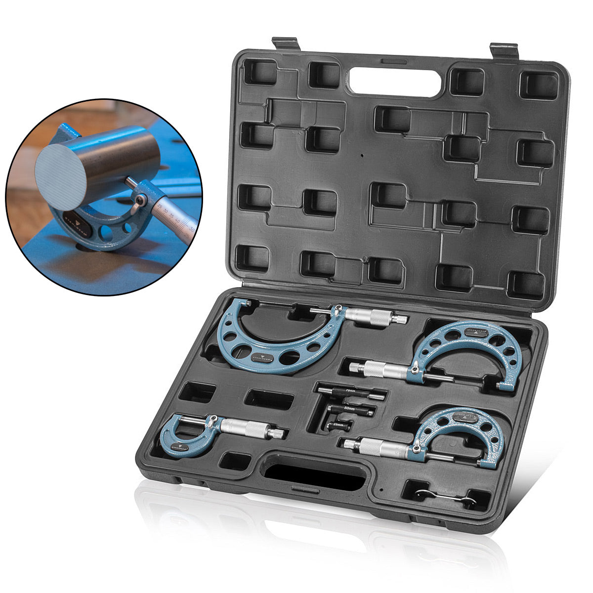 STAHLWERK Bügelmessschraube 4er Set DIN 863 Mikrometer / Messschraube/ Mikrometerschraube mit einem Messbereich von 0-25 / 25-50 / 50-75 / 75-100 mm