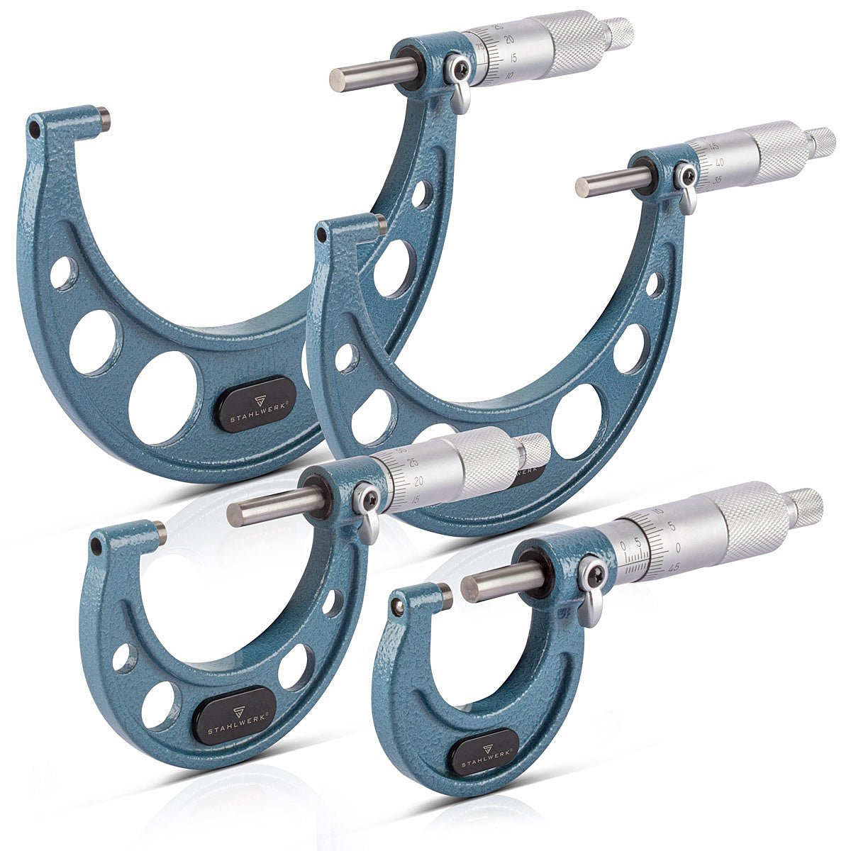 STAHLWERK Bügelmessschraube 4er Set DIN 863 Mikrometer / Messschraube/ Mikrometerschraube mit einem Messbereich von 0-25 / 25-50 / 50-75 / 75-100 mm