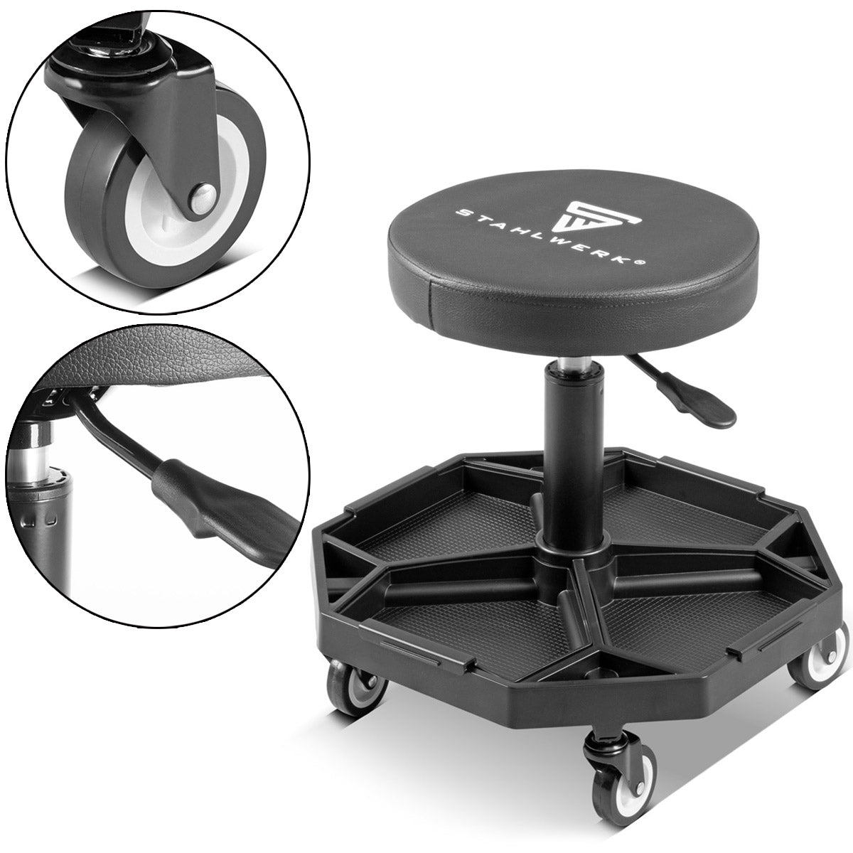 STAHLWERK Höhenverstellbarer Werkstatthocker WRH-136 ST bis 136 kg belastbar, 40-54 cm Sitzhöhe, mit vier herausnehmbaren Ablagefächern, Rollsitz / Rollhocker mit kugelgelagerten Leichtlauf-Lenkrollen