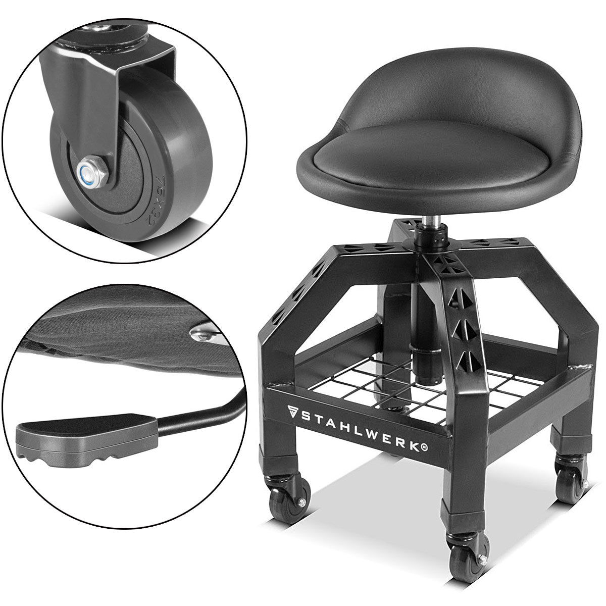 Taller de taller de altura de acero ajustable VWH-300 ST con gran compartimento de almacenamiento, resistente hasta 136 kg, altura de asiento de 59-76 cm, asiento rodante / rodillo con rodillos de luz de bola