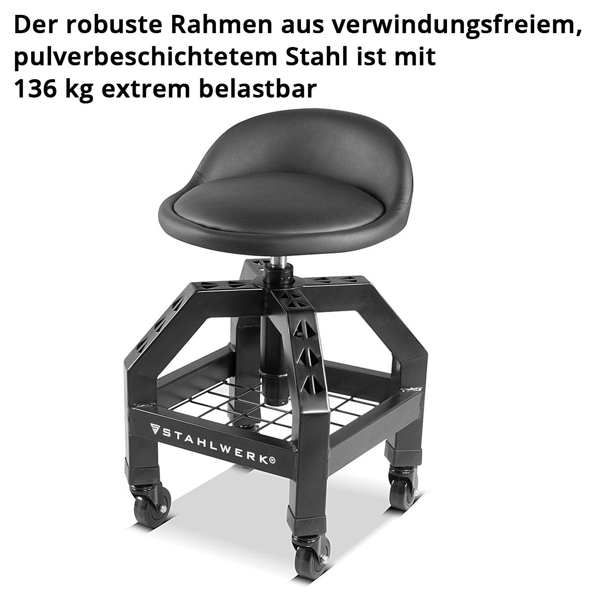 Taller de taller de altura de acero ajustable VWH-300 ST con gran compartimento de almacenamiento, resistente hasta 136 kg, altura de asiento de 59-76 cm, asiento rodante / rodillo con rodillos de luz de bola