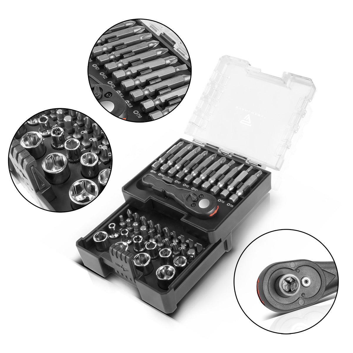 Steelworks 41 parçalı tornavida seti, ısırık seti ve soket anahtarı seti, krom vanadyumdan yapılmış, kutuda / cırcır seti / tornavida seti