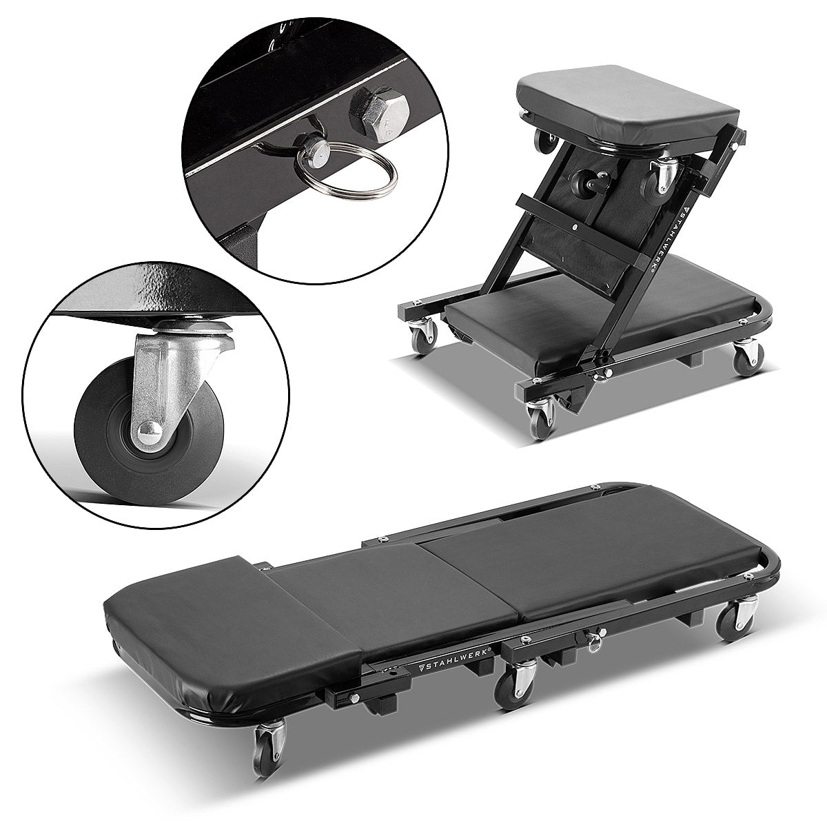 Steelworks 2 arada 1 atölye taburesi FRC-40 ST 150 kg yük kapasitesi, katlanabilir araba silindir tahtası | Montagen Rulo Kurulu | Atölye Yatağı | Oturma ve yalan işlevi ile montaj salonu