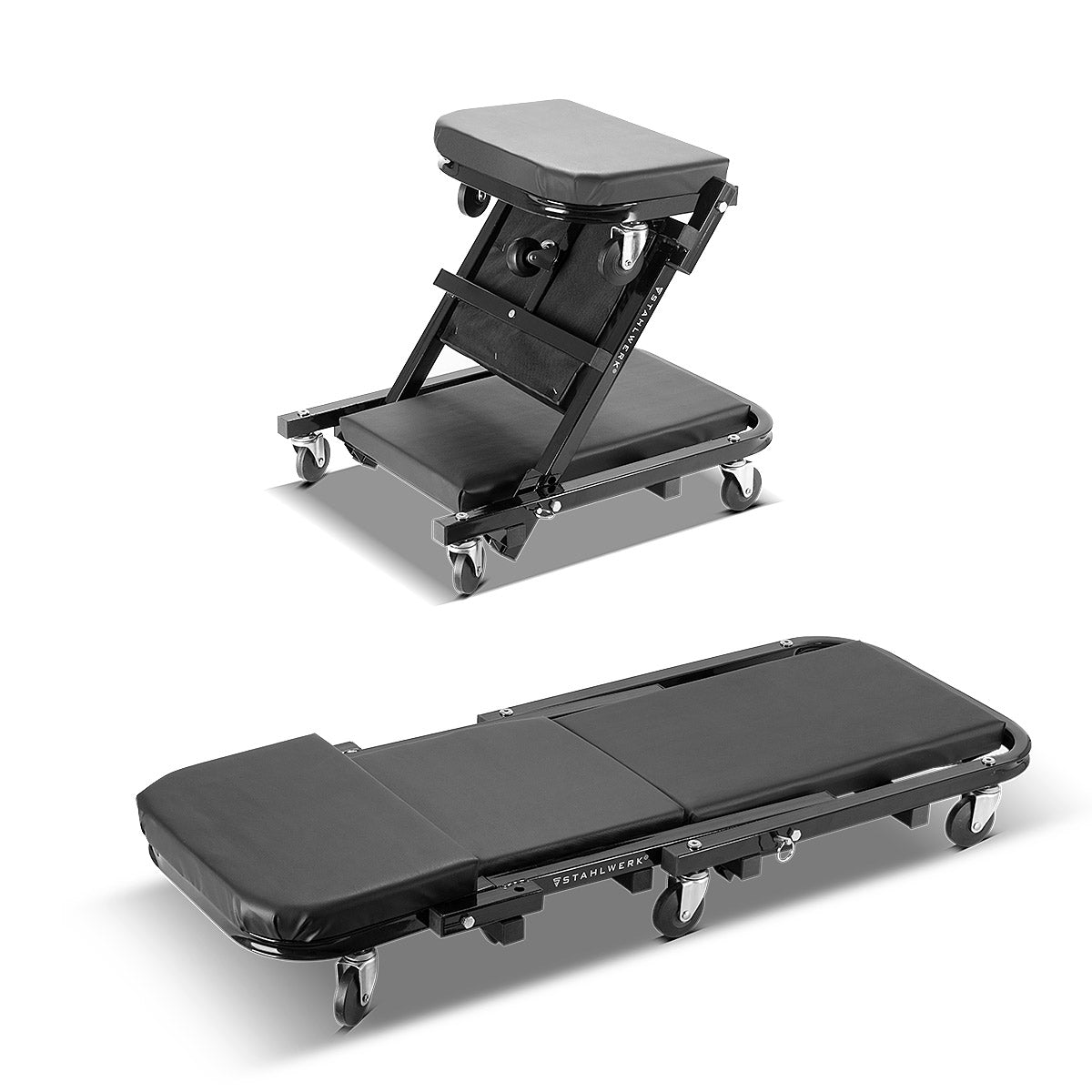 Steelworks 2 arada 1 atölye taburesi FRC-40 ST 150 kg yük kapasitesi, katlanabilir araba silindir tahtası | Montagen Rulo Kurulu | Atölye Yatağı | Oturma ve yalan işlevi ile montaj salonu