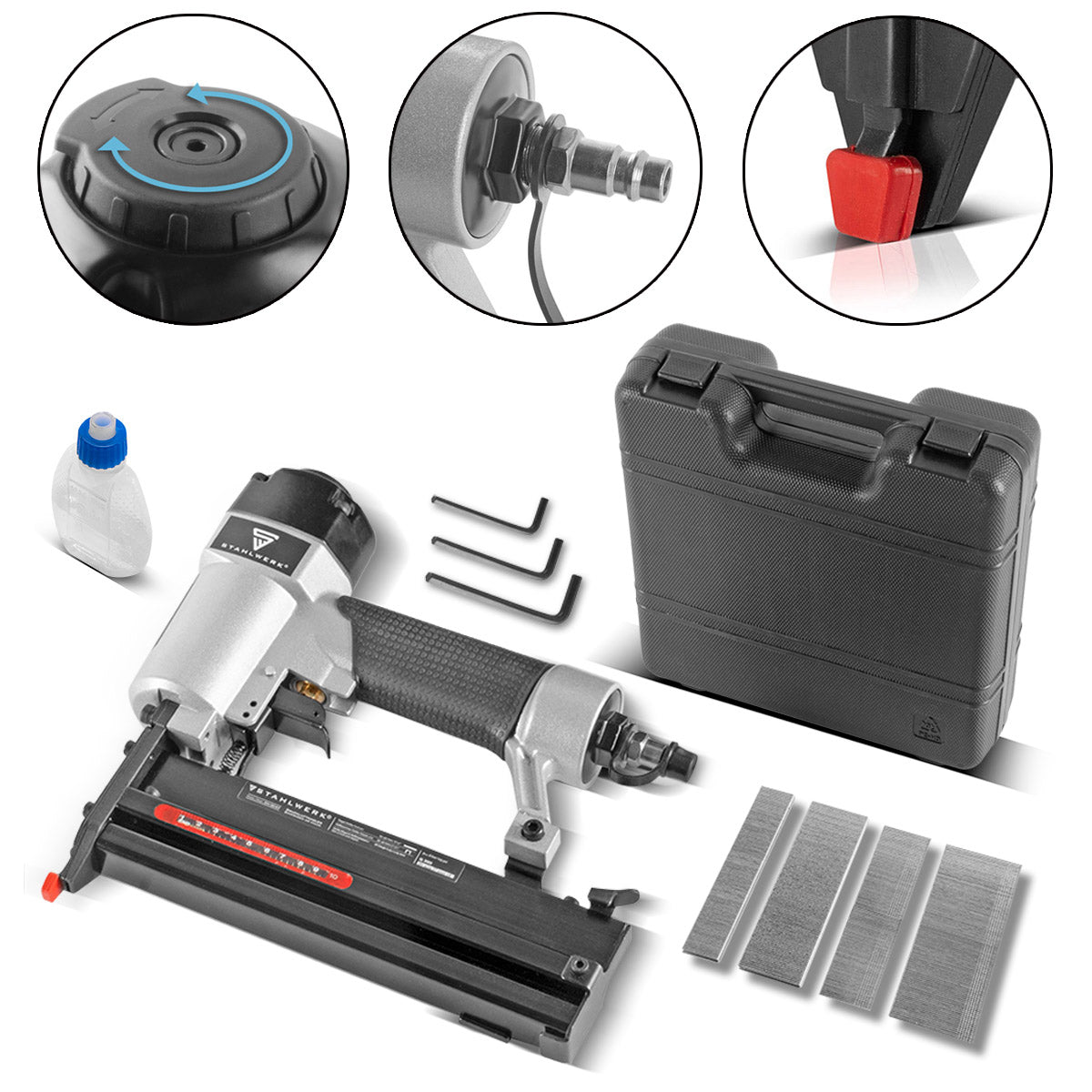 STAHLWERK Druckluft Nagler DN-50 ST 2 in 1 Nagelpistole | Tacker | Streifennagler | Klammernagler mit 5-7 Bar Arbeitsdruck, Metallgehäuse, geeignet für 18 Gauge Nägel und Tackernadeln inklusive Zubehör und Transportkoffer