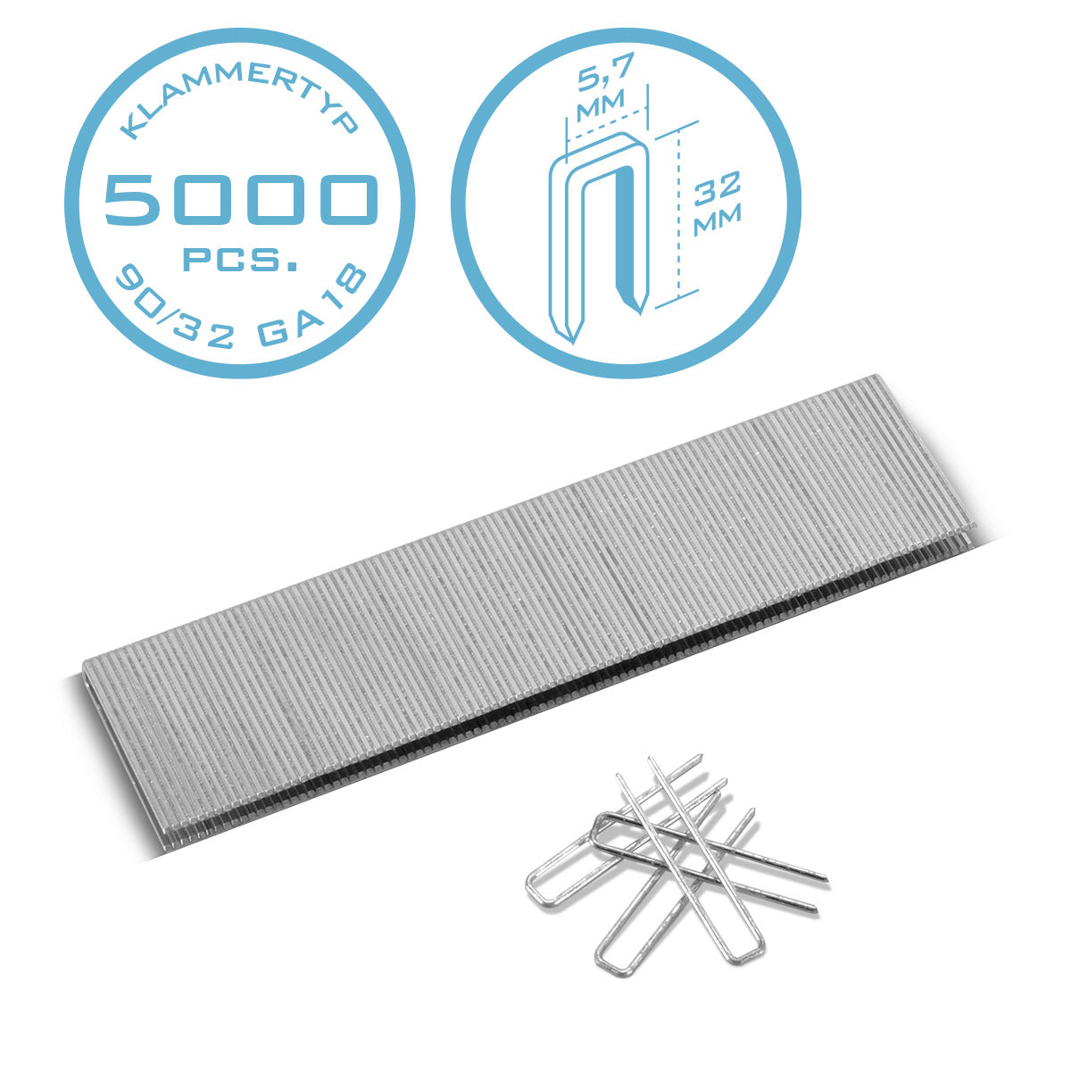 Muil-acier Type 90 (1,25 x 1,0 mm) avec 32 mm de longueur en 5000 ensemble | Clips de plaqueur | Supports pour les plaqueurs à main, les empileurs d'air comprimés et les empiètes électriques