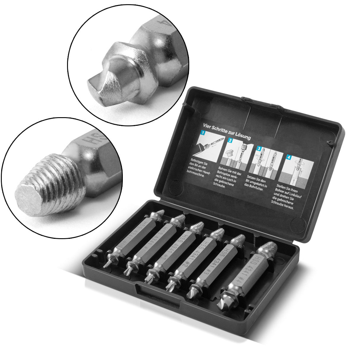 STAHLWERK Linksausdreher / Schraubenentferner / beschädigte Schrauben Ausdreher 6er Set / gehärteter HSS 4341 Stahl