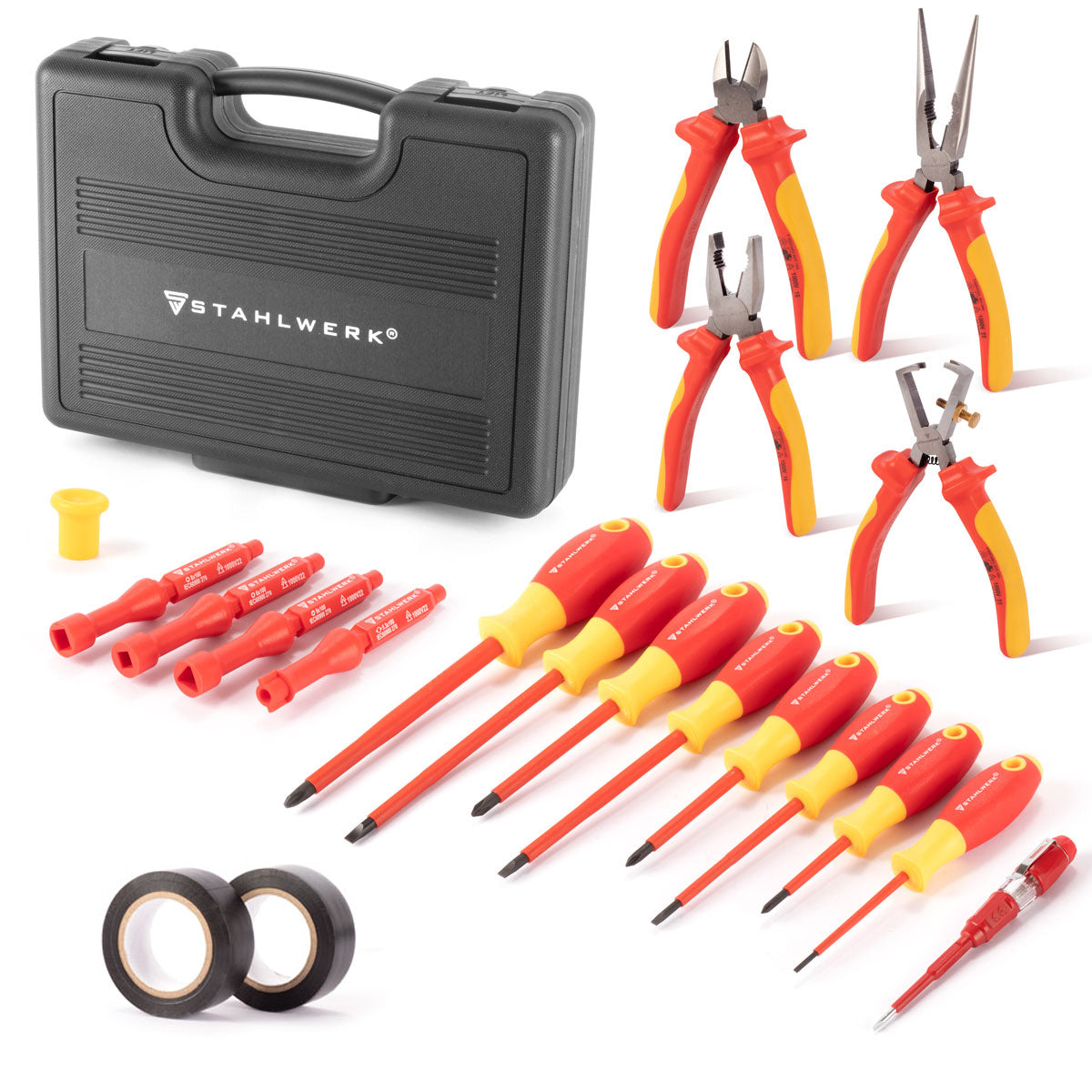 STAHLWERK VDE 1000V 20-teiliges isoliertes Schraubendreher- und Zangen Set VSZ-20 ST Profi Schraubenzieher Set | Elektriker Werkzeug Set | Elektro Schraubendreher-Satz inklusive Werkzeugkoffer