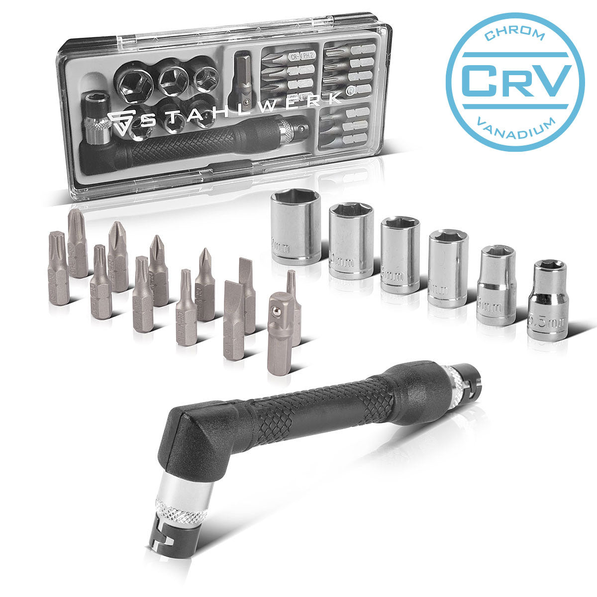 Ensemble de tournevis à angle de 19 parties en acier 1/4 pouces avec des bits et un vanadium chromé rechargeable, peut être utilisé des deux côtés, tournevis à forme en L | Brexer | Définir les touches